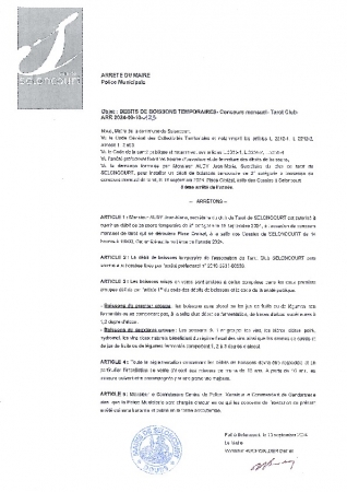 ARR2024-09-10-125 Arrêté d'autorisation d'ouverture d'un débit temporaire de boissons - Concours mensuel Tarot Club Seloncourt - mercredi 18 septembre 2024 - Sa