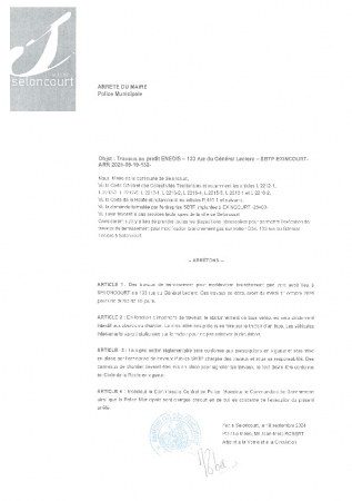 ARR2024-09-19-132 Arrêté de circulation par SBTP pour modification branchement gaz D34- rue du Général Leclerc du 1er octobre durant 15 jours