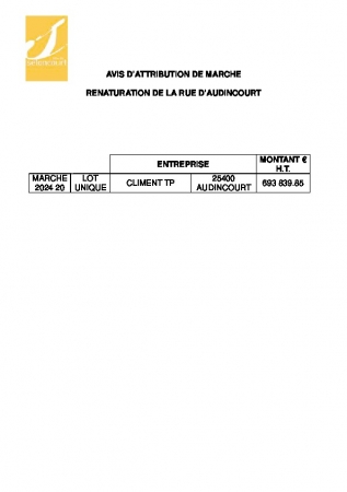 AVIS D'ATTRIBUTION - RENATURATION DE LA RUE D'AUDINCOURT