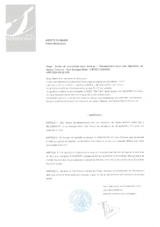 ARR2024-09-26-139 Arrêté de circulation par Circet à partir du 26 septembre pour une durée de 15 jours au 2 rue Georges Bizet