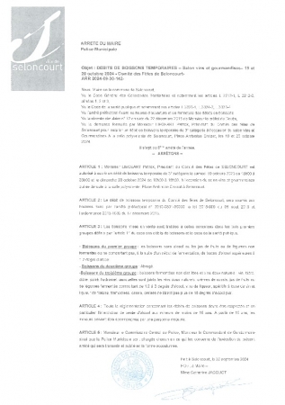 ARR2024-09-30-142 Arrêté d'autorisation temporaire d'ouverture débit de boisson - comité des Fêtes Seloncourt - salle polyvalente les 19 et 20 oct 2024