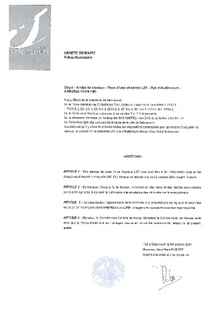 ARR2024-10-04-146 Arrêté de travaux SAS HAEFELI pour pose d'une chambre L2T rue d'Audincourt en bordure de la piste cyclable devant le magasin Aldi du 02 octobr