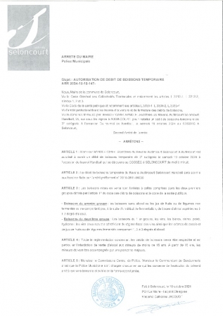 ARR2024-10-10-147 Arrêté d'autorisation de débit de boissons temporaire pour le club de handball le samedi 19 octobre au COSEC à Seloncourt