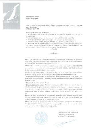 ARR2024-10-21-167 Arrêté d'autorisation de débit de boissons temporaire pour La Jeanne D'Arc pour une compétition de tir à l'arc le 17 novembre 2024 au COSEC