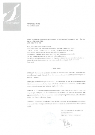 ARR2024-11-14-175 Arrêté de circulation rue de l'école de Berne par l'entreprise RM Facilities pour reprise des boucles au sol du 21 novembre durant 1 semaine