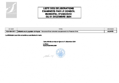 LISTE DES DELIBERATIONS DU CM URGENCE DU 21 DECEMBRE 2024