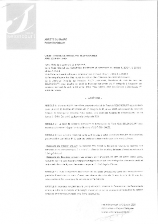 ARR20250113-03 Arrêté d'autorisation d'ouverture d'un débit temporaire de boissons - Concours mensuel - Tarot club Seloncourt - 23012025