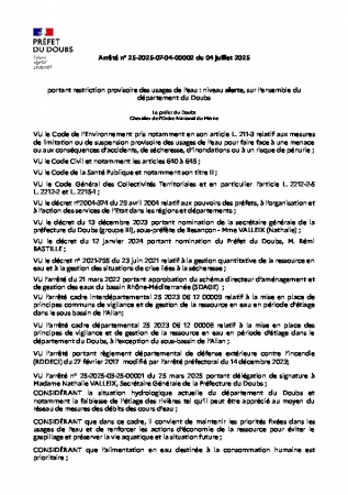ARRETE PREF RESTRICTION USAGE DE L'EAU DU 04-07-25