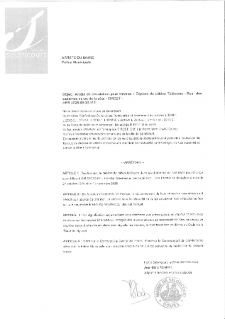 ARR20250930-116 Arrêté de circulation pour travaux - Dépose de câbles telecom - rue des casernes et rue de la côte - Circet