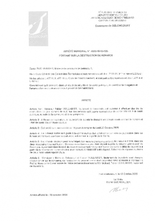 ARR20251013-120 Arrêté Municipal autorisant la destruction de renards sur la commune de Seloncourt