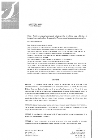 ARR20251028-125 Arrêté municipal permanent portant sur l'interdiction de circulation des véhicules de plus de 3,5 tonnes sur certaines voies communales